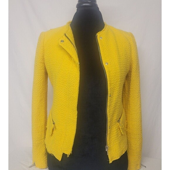 Zara Size 5 Womens  Cotton  Linen Blend Bohemian Jacket Yellow Tweed 20" Length - Picture 1 of 8